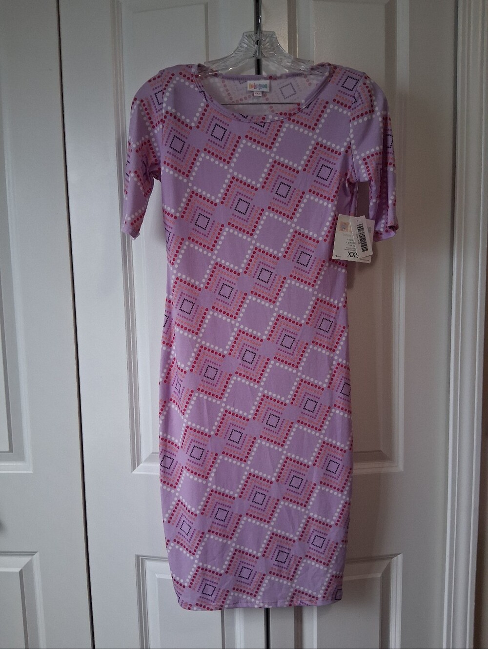 LuLaRoe Lavender Geometric Midi Dress with Pink Accents